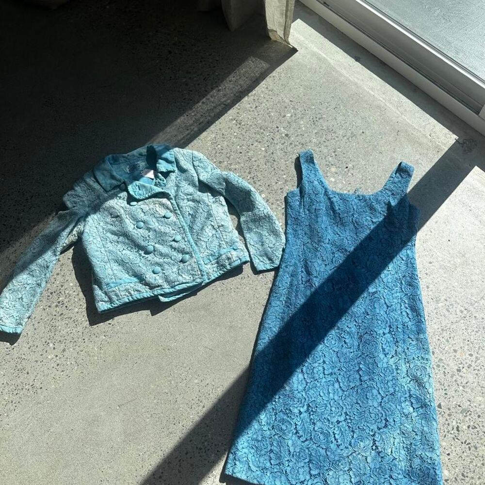 Junior Accent Vintage 1960s Aqua Blue Floral Lace Dress & Jacket Set